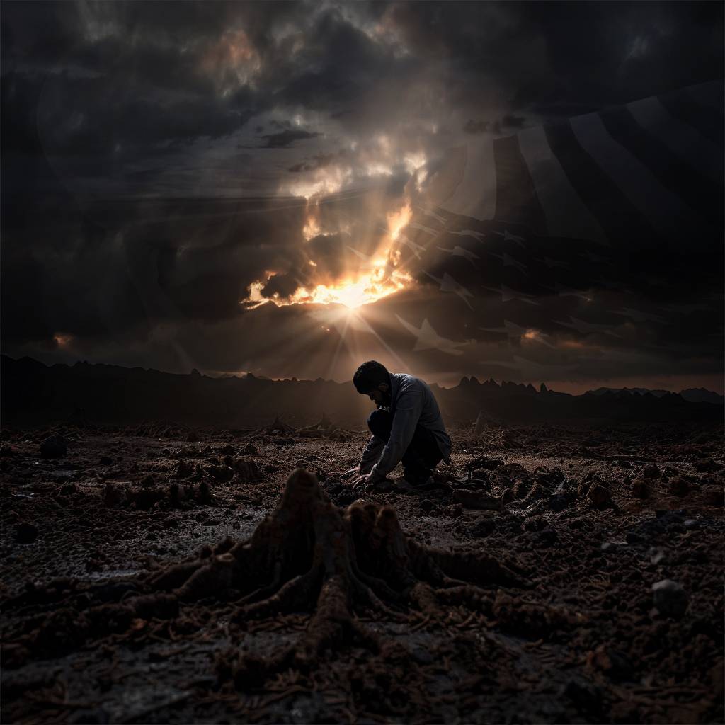 A lone figure kneels in a barren, dark landscape under a dramatic, cloudy sky with rays of light breaking through, symbolizing hope amidst desolation.