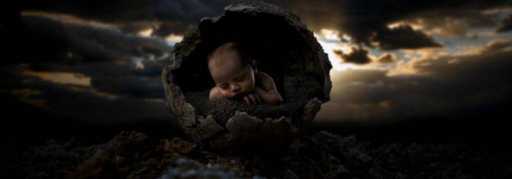 A newborn baby peacefully sleeping inside a cracked, earth-like shell, surrounded by a desolate landscape with a dramatic sky overhead. Overcome evil.