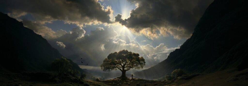 A lone, majestic tree bathed in golden sunlight breaking through dramatic, stormy clouds, symbolizing enduring faith and divine promise depicting Gods Faithfulness.