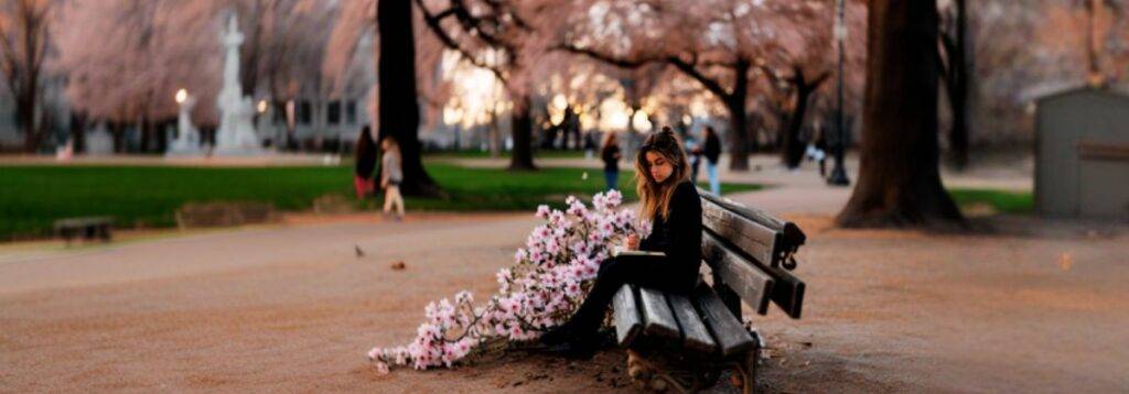 A journaling about Hope in Gods Timing woman sitting on a park bench surrounded by blooming pink flowers, writing in a notebook with people walking in the background.