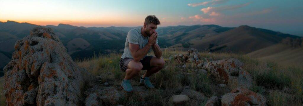 A man kneeling in prayer on a rocky hillside at sunset, surrounded by rolling hills and a tranquil sky, symbolizing trust in God’s faithfulness.