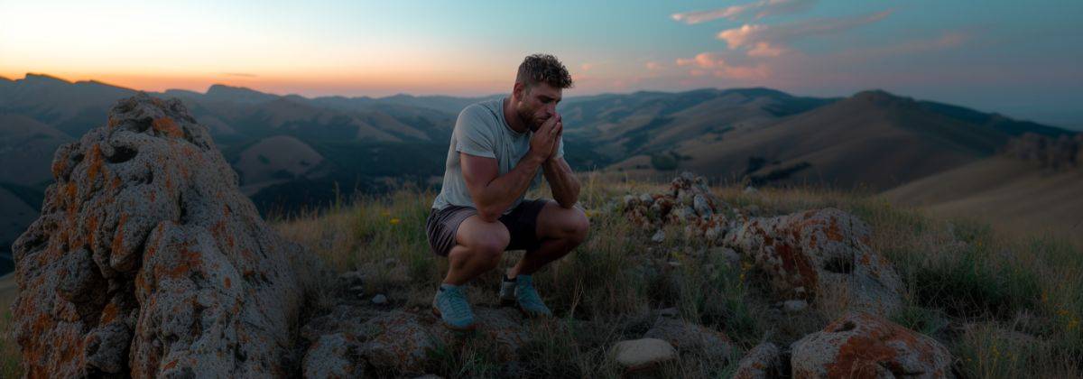 A man kneeling in prayer on a rocky hillside at sunset, surrounded by rolling hills and a tranquil sky, symbolizing trust in God’s faithfulness.
