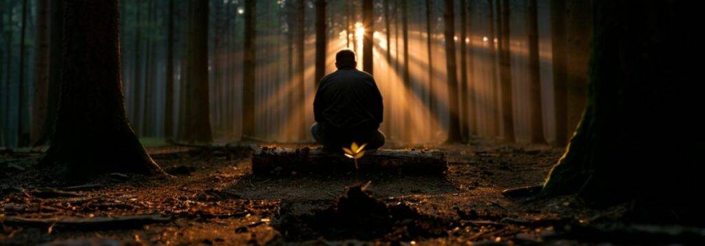 A man sitting on a tree stump in a forest, illuminated by golden sunlight streaming through the trees, with a small seedling growing before him pondering Hope in God’s Timing.