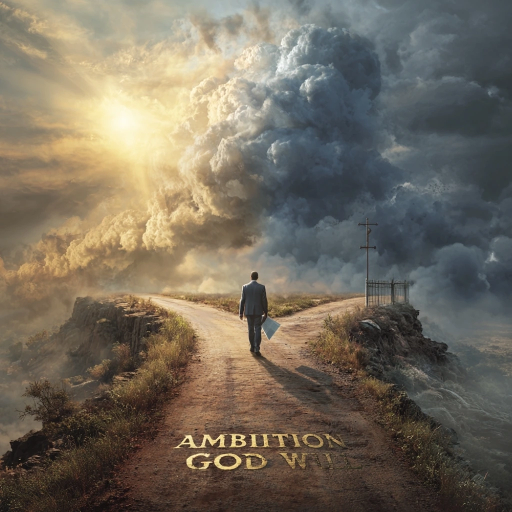 A person at a crossroads choosing between ambition and God’s will-Surrender to God’s will