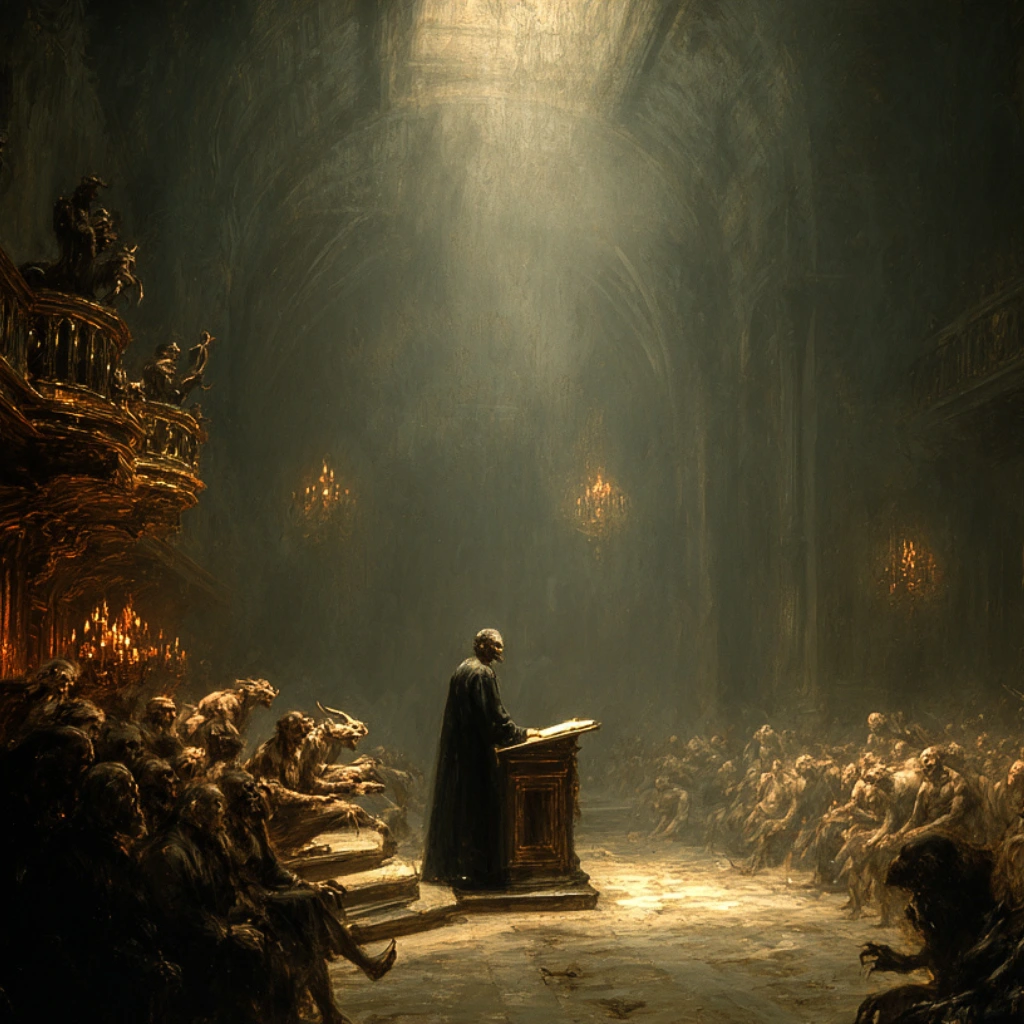 Crowd celebrating under flashing signs while a small group prays- Psalm 12:8 moral collapse