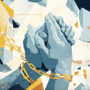 Illustration of praying hands in chains with a broken crown, symbolizing Pharaoh’s oppression against Godly dependence.