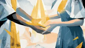 Flat-vector illustration of a husband and wife united under warm symbolic light, representing covenant intimacy.