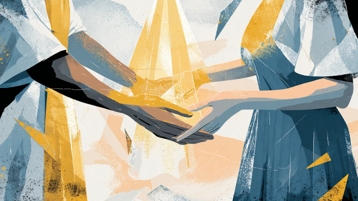 Flat-vector illustration of a husband and wife united under warm symbolic light, representing covenant intimacy.