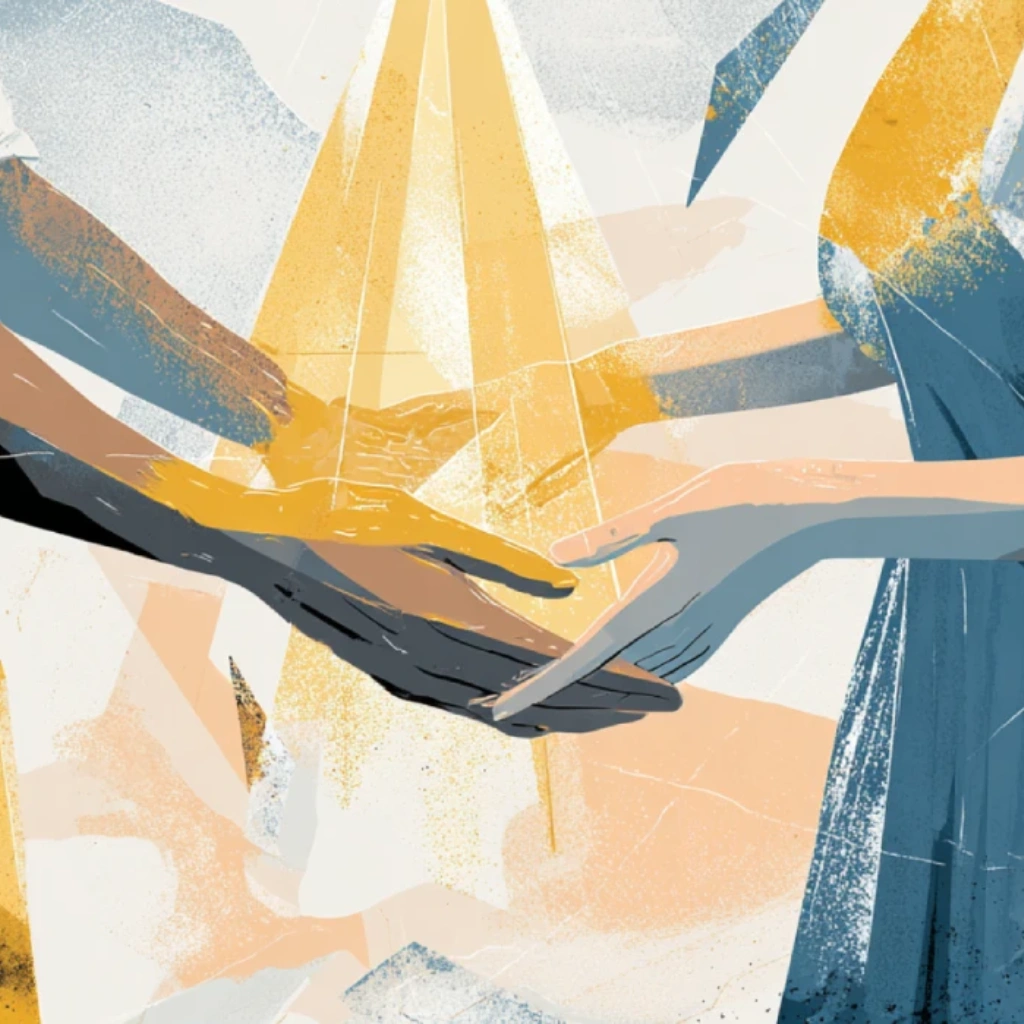 Flat-vector illustration of a husband and wife united under warm symbolic light, representing covenant intimacy.