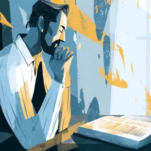 Illustration of a Christian man in quiet reflection by a window, symbolizing the power of restraint and wisdom guided by God’s Word.