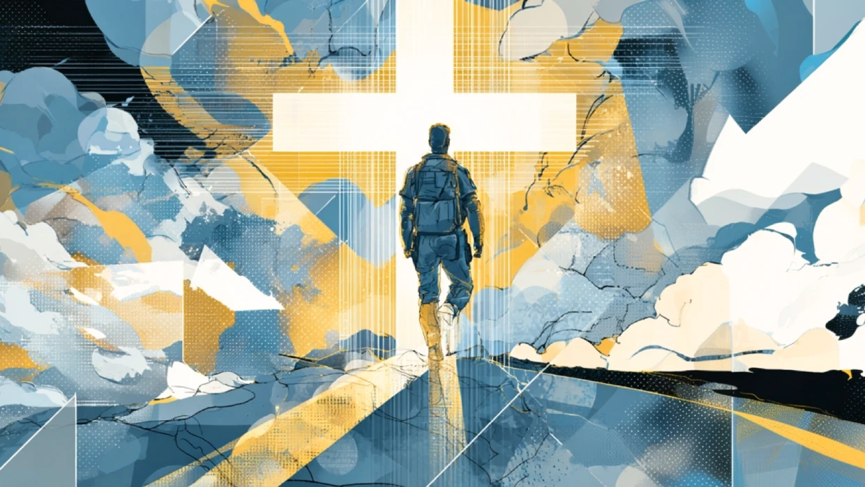 The American flag and the cross standing side by side, bathed in morning light.