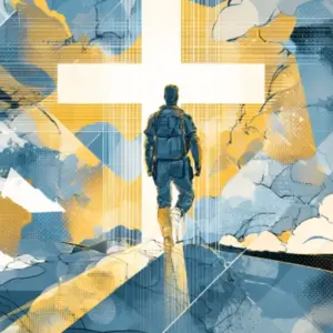 The American flag and the cross standing side by side, bathed in morning light.