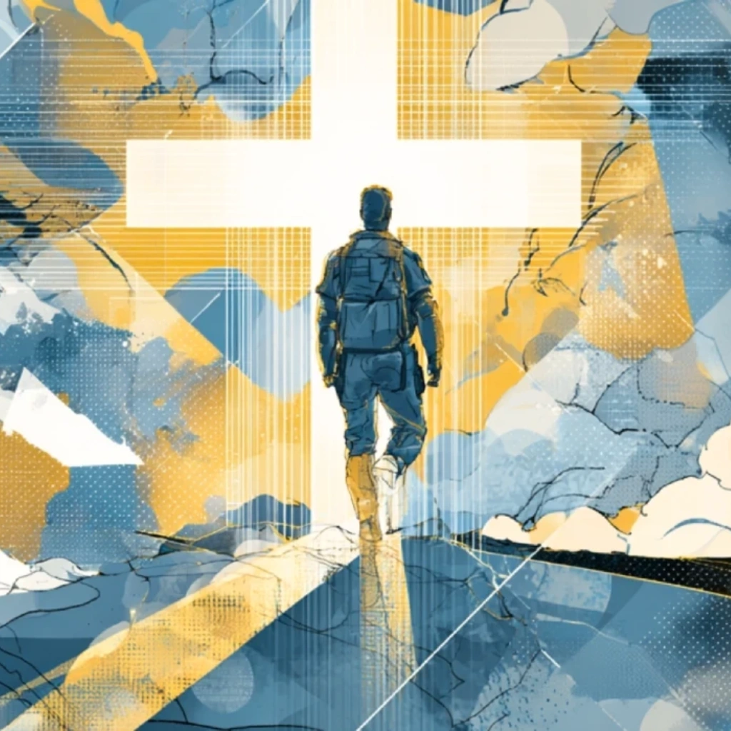 The American flag and the cross standing side by side, bathed in morning light.