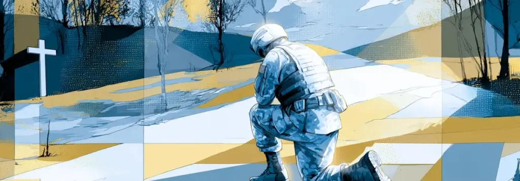 A soldier kneeling before a wooden cross under the rising sun, symbolizing faith and sacrifice.