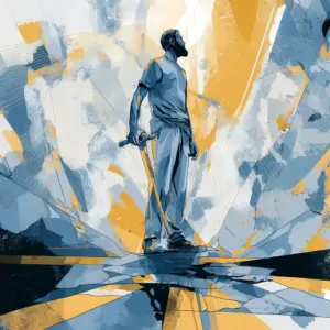 Illustration of a strong man laying down his weapons before a bright light from above, symbolizing surrendering human strength to the wisdom of Adonai.