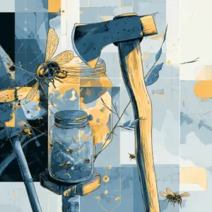 Illustration of a man standing by a workbench with a dull axe, a jar of perfumer’s oil with flies nearby, and a guard post in the background, symbolizing compromise, neglect, and faithfulness.
