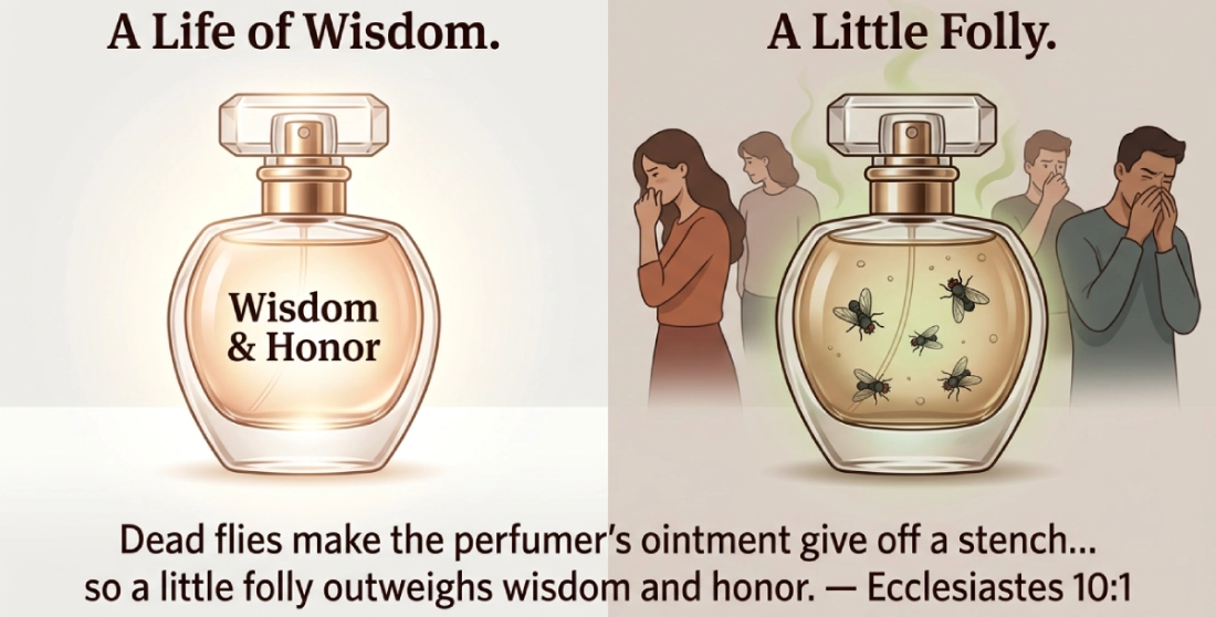 Close-up illustration of a perfumer’s jar with a few dead flies on the surface, symbolizing small compromise ruining what is costly.