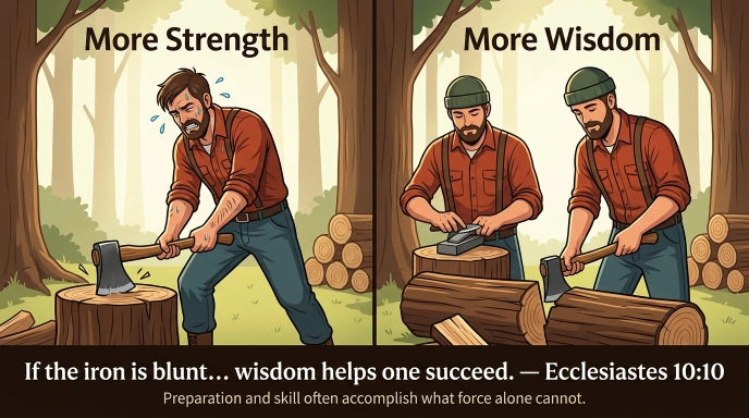 A man swinging a dull axe at a log, exhausted and sweating, while a sharpening stone lies unused nearby.