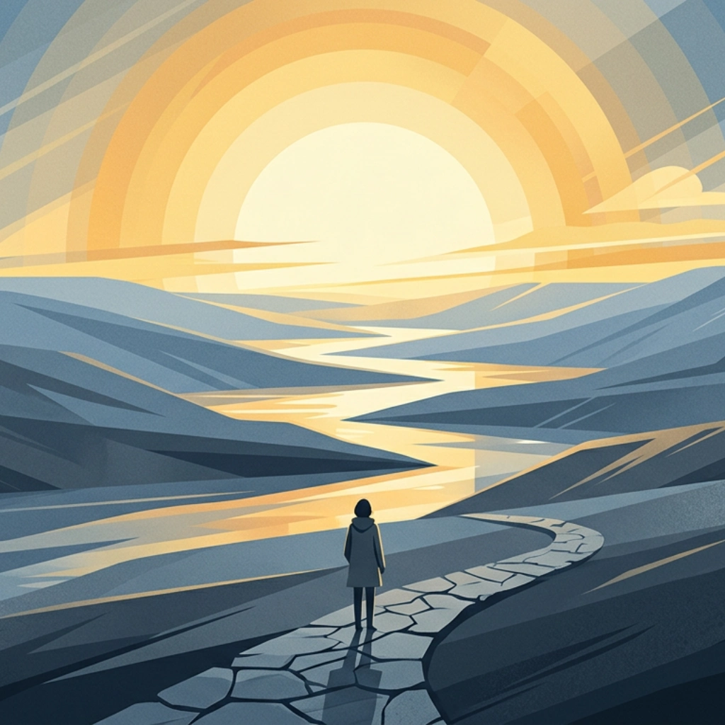 Illustration of a small figure standing on a hill watching the sun, wind, and river move in repeating cycles, symbolizing the themes of Ecclesiastes 1.