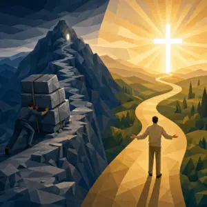 Illustration of a glowing cross standing above acts of service, symbolizing Christ as the center of the Gospel.