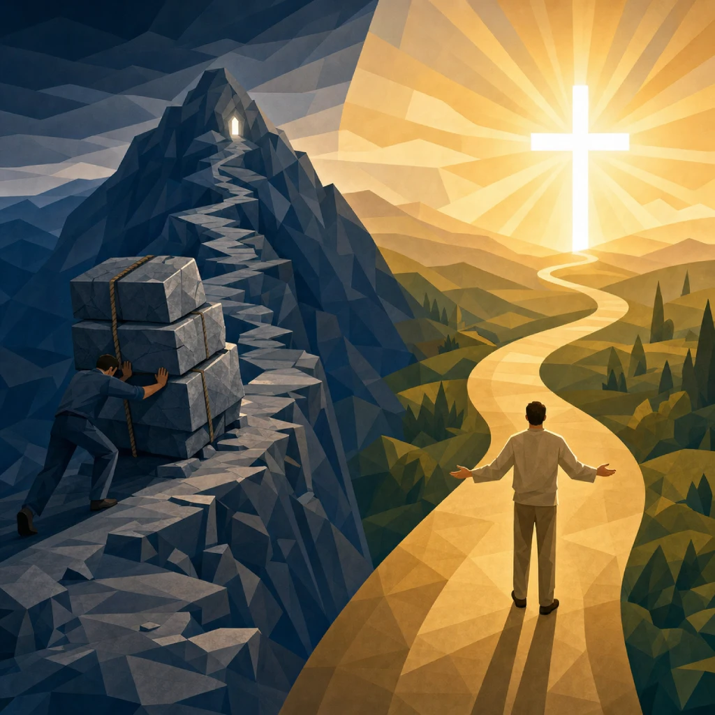 Illustration of a glowing cross standing above acts of service, symbolizing Christ as the center of the Gospel.